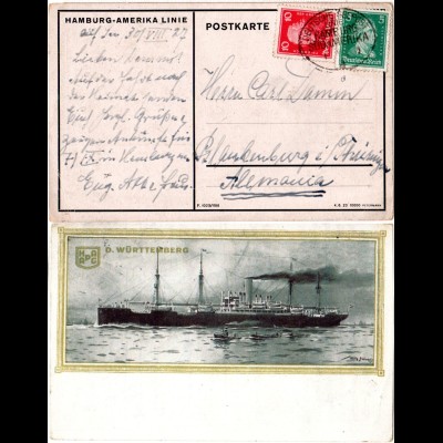 DR 1923, Paar 10 Mia. auf AK m. Stpl. Deutsche Seepost Linie Hamburg Südamerika 