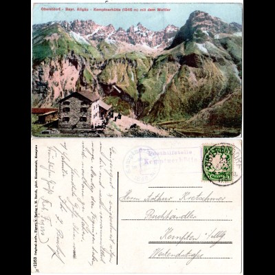 Bayern 1909, Posthilfstelle KEMPTNERHÜTTE Taxe Oberstdorf auf Farb-AK m. 5 Pf.