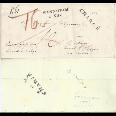 Baden 1840, L1 CHARGÉ auf Porto Brief v. Mannheim n. Friedingen, Radolfzell. #42