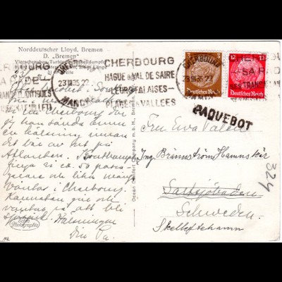 DR 1935, 3+12 Pf auf Schiffspost Karte m. Frankreich PAQUEBOT u. Stpl. Cherbourg
