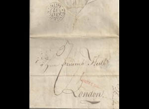 Hamburg 1816, rot L1 "JUN 11 1816" auf Porto Brief n. GB. Stempeldefekt? #991
