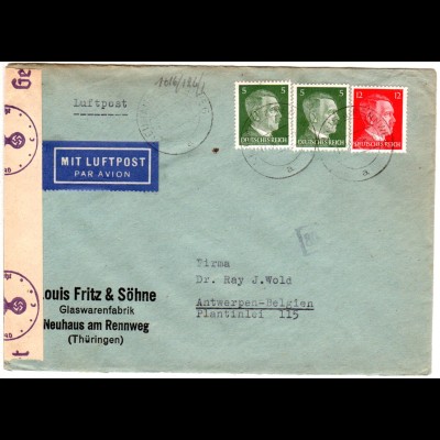 DR 1943, 2x5+12 Pf. auf Luftpost-Zensur Brief v. Neuhaus n. Belgien. Europaporto