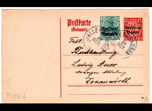 Bayern 1919, 5 Pf. auf 10 Pf. Antwort Ganzsache v. Tünzhausen m. K1 ALLERSHAUSEN