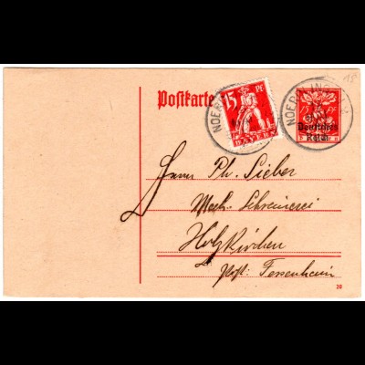 Bayern 1920, Mischfr. 15 Pf. Abschied auf 15 Pf. DR Ganzsache v. Nördlingen.
