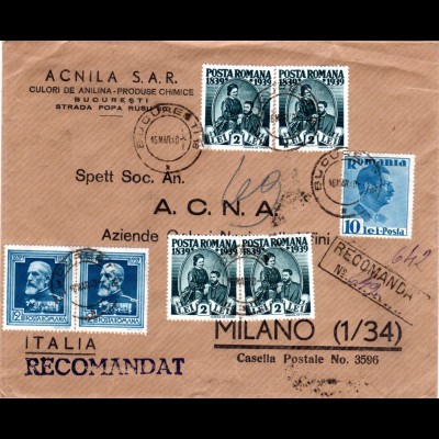 Rumänien 1940, 7 Marken auf Einschreiben Brief v. Bucuresti n. Italien.