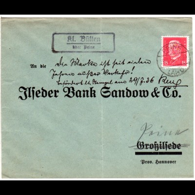 DR 1930, Landpost Stpl. KL. BÜLTEN über Peine auf Brief m. 15 Pf. 