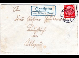 DR 1937, Landpost Stpl. SONTHEIM über Dillingen auf Brief m. 12 Pf.