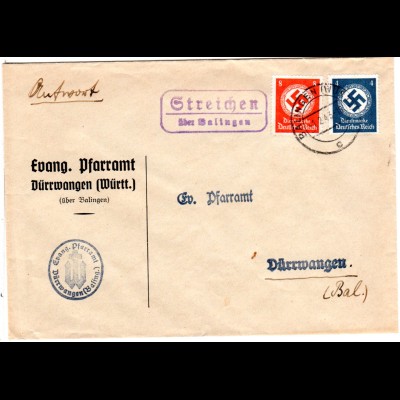 DR 1943, Landpost Stpl. Streichen ü. Balingen auf Brief m. 4+8 Pf. Dienst