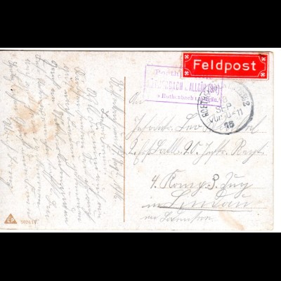 Bayern 1916, Posthilfstelle RÖTHENBACH i. ALLGÄU (Ort) Taxe Röthenb auf FP-Karte