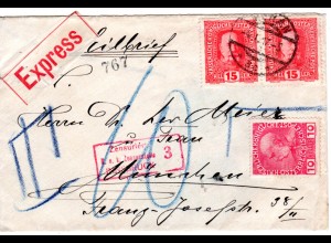 Österreich 1917, Paar 15+ungültige 10 H. auf Express Brief v. MERAN n. Bayern