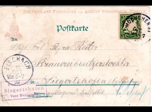 Bayern 1900, Posthilfstelle SIEGERTSHOFEN Taxe Mickhausen auf Litho AK m. 5 Pf.