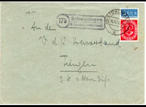 BRD 1951, Landpost Stpl. 17b SCHWANINGEN über Bonndorf auf Brief m. 20 Pf.