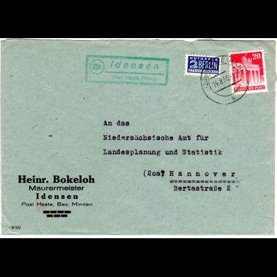 BRD 1950, Landpost Stpl. 20a IDENSEN über Haste auf Brief m. 20 Pf.