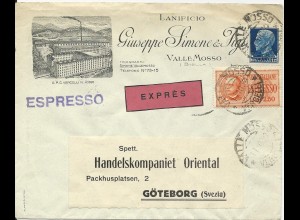 Italien 1939, illustrierter Express Brief v. Valle Mosso n. Schweden. #2147