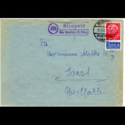 BRD 1956, Landpost Stpl. 22b SINSPELT über Neuerburg auf Brief m. 20 Pf.