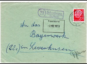 BRD 1959, Landpost Stpl. 23 SCHWEFINGEN über Meppen auf Brief m. 20 Pf.