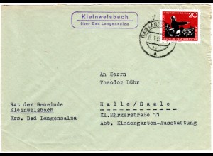 DDR 1959, Landpost Stpl. KLEINWELSBACH über Bad Langensalza auf Brief m. 20 Pf.