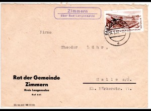 DDR 1957, Landpost Stpl. ZIMMERN über Bad Langensalza auf Brief m. 20 Pf.