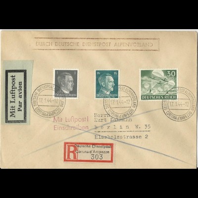 DR 1944, Dienstpost Alpenvorland Einschreiben Brief v. Cortina d´Ampezzo. #2574