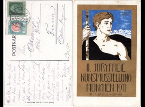 II. Kunstaustellung München 1911, Farb-AK m. 5 Pf. u. Vignette nach Fiume!