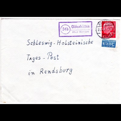 BRD 1955, Landpost Stpl. 24b OLDENHÜTTEN über Nortorf auf Brief m. 20 Pf. 