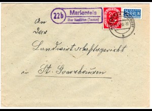 BRD 1953, Landpost Stpl. 22b MARIENFELS über Nastätten auf Brief m. 20 Pf. 