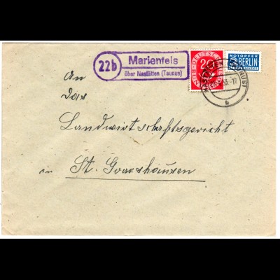 BRD 1953, Landpost Stpl. 22b MARIENFELS über Nastätten auf Brief m. 20 Pf. 