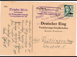 1948, Landpoststempel 14b SCHÖMBERG über Freudenstadt auf Karte m. 10 Pf.