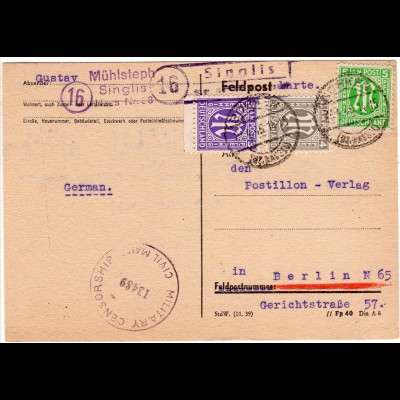 1946, Landpoststempel 16 SINGLIS über Borken auf Zensur Karte n. Berlin
