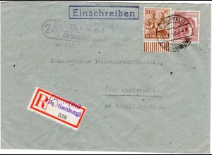 1948, Landpoststempel 24 BREST über Harsefeld auf Reko Brief m. 24+60 Pf.