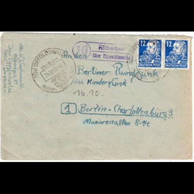 SBZ 1949, Landpoststempel RÖTHENBACH über Dippoldiswalde auf Brief m. 2x12 Pf.