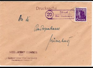 1948, Landpoststempel 20 SÜTTORF über Dahlenburg auf Drucksache Brief m. 6 Pf.