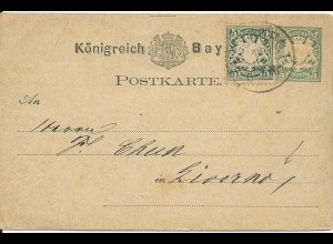 Bayern 1877, 5 Pf. "weite Welle" auf 5 Pf Ganzsache v. Augsburg n. Italien #2911