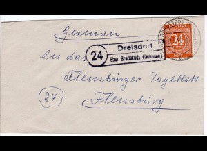 1947, Landpoststempel 24 DRELSDORF über Bredstedt auf Brief m. 24 Pf.