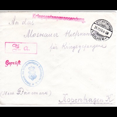 DR 1916, KGF POW Zensur Brief v. Bischofswerda Sachsen n. Dänemark. 