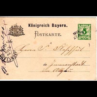Bayern 1896, L2- Aushilfstempel SEEG auf 5 Pf. Ganzsache v. Rindegg.