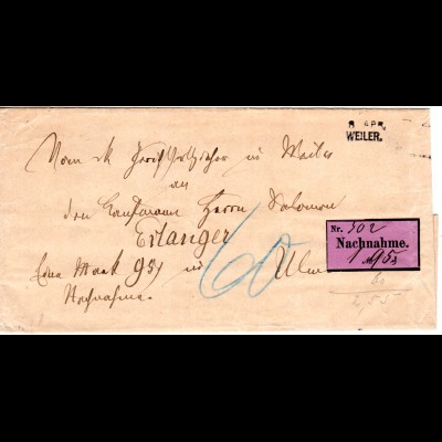 Bayern 1887, L2- Aushilfstempel WEILER auf Nachnahme Brief n. Erlangen