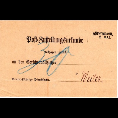 Bayern 1889, L2- Aushilfstempel RÖTHENBACH auf kpl. Post-Zustellungsurkunde