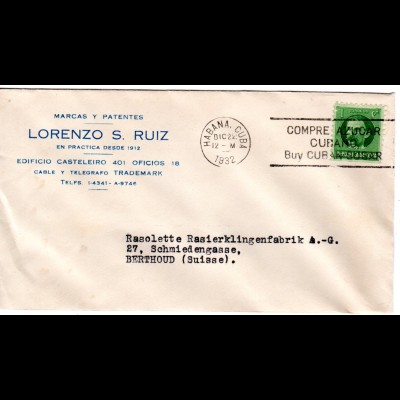 Cuba 1932, Compre Azucar, Zucker-Werbestpl. auf Brief v. Havanna i.d. Schweiz