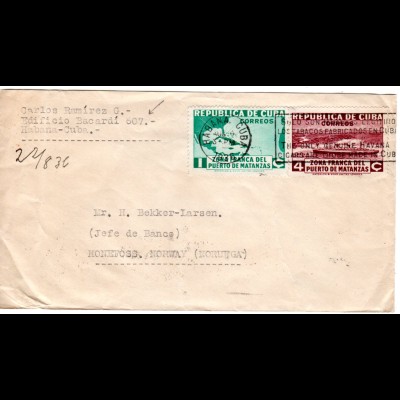 Cuba 1936, Tabak/Zigarren-Werbestpl. auf Bacardi Brief v. Havanna n. Norwegen