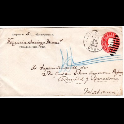 Cuba 1902, 2 C. Ganzsache Brief v. PINAR DEL RIO n. Havanna