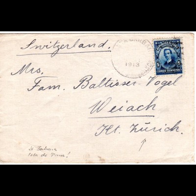 Cuba 1913, 5 C. auf Brief v. Santa Barbara Isla De Pinos i.d. Schweiz