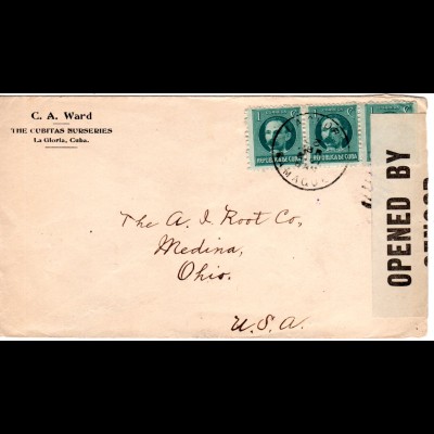 Cuba 1941, 3x1C auf Zensur Brief v. LA GLORIA CAMAGUEY n. USA. Blue Censor 1717