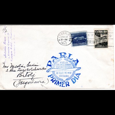 Cuba 1952, 1 C.+ 8 C. Parlá auf Ersttagsbrief Brief m. Flug Erinnerungsstempel