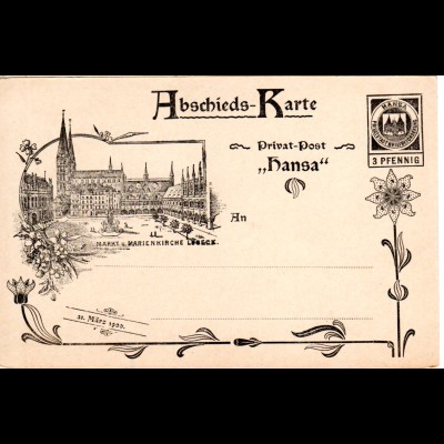 DR Private Stadtpost Lübeck 1900, ungebr. 3 Pf. Hansa Abschieds-Karte