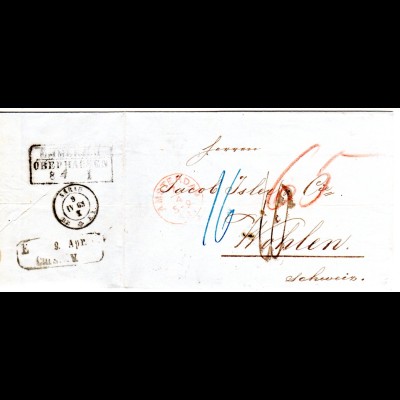 NL 1863, roter K1 Amsterdam auf Porto Brief via Preussen u. Baden i.d. Schweiz