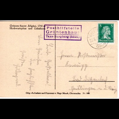 DR 1927, späte Bayern Posthilfstelle GRÜNTENHAUS Taxe Burgberg auf AK m. 5 Pf