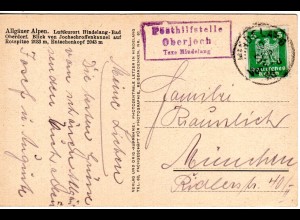 DR 1926, späte Bayern Posthilfstelle OBERJOCH Taxe Hindelang auf Karte m. 5 Pf. 
