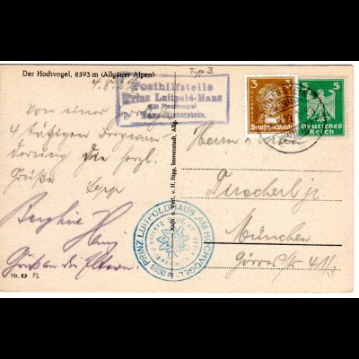 DR 1927, späte Bayern Posthilfstelle Prinz Luitpold Haus auf Karte m. 5 Pf.