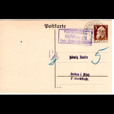 Bayern 1914, Posthilfstelle HÄFELISWALD Taxe Kreuzthal auf Privatganzsache